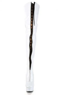 Pleaser DELIGHT-3027 White/Black Patent Thigh High Boots