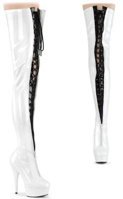 Pleaser DELIGHT-3027 White/Black Patent Thigh High Boots