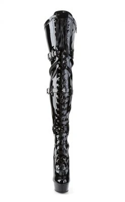 Pleaser DELIGHT-3028 Blk Str Pat/Blk Thigh High Boots Pole Shoes