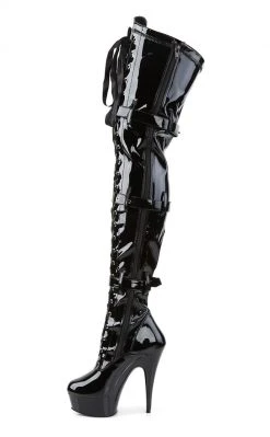 Pleaser DELIGHT-3028 Blk Str Pat/Blk Thigh High Boots Pole Shoes