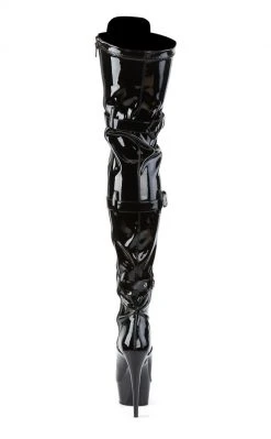 Pleaser DELIGHT-3028 Blk Str Pat/Blk Thigh High Boots Pole Shoes