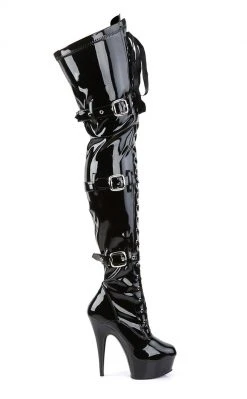 Pleaser DELIGHT-3028 Blk Str Pat/Blk Thigh High Boots Pole Shoes