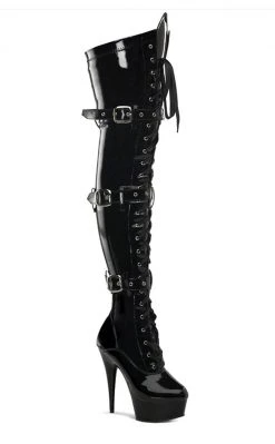 Pleaser DELIGHT-3028 Blk Str Pat/Blk Thigh High Boots Pole Shoes
