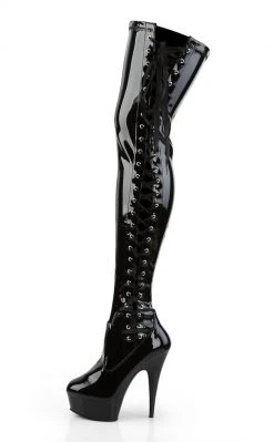 Pleaser Pole Shoes DELIGHT-3050 Blk Str Pat/Blk Thigh High Boots