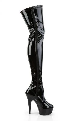 Pleaser Pole Shoes DELIGHT-3050 Blk Str Pat/Blk Thigh High Boots