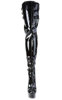 Pleaser Pole Shoes DELIGHT-3055 Black Stretch Patent Thigh High Boots