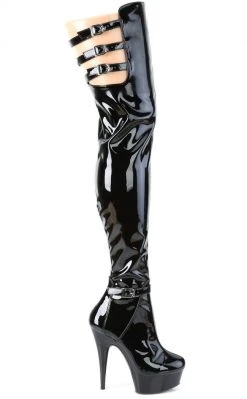 Pleaser Pole Shoes DELIGHT-3055 Black Stretch Patent Thigh High Boots