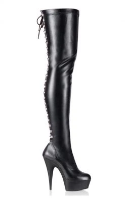 Pleaser Pole Shoes DELIGHT-3063 Blk Str Faux Leather/Blk Thigh High Boots