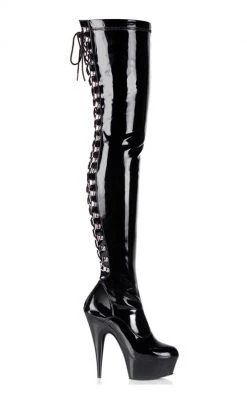 Pleaser Pole Shoes DELIGHT-3063 Blk Str Pat/Blk Thigh High Boots