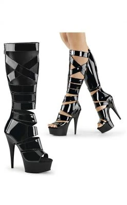 Pleaser DELIGHT-600-49 Blk Str Pat/Blk Knee High Boots Pole Shoes