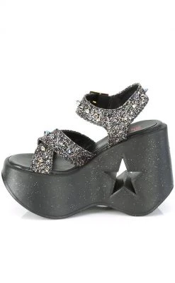 Demonia DYNAMITE-02 Black Glitter Wedge Heels Shoes