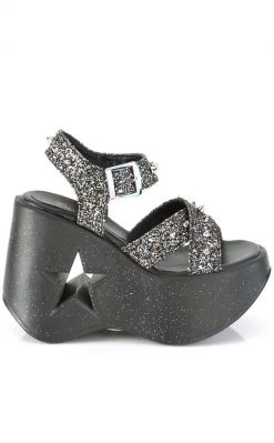 Demonia DYNAMITE-02 Black Glitter Wedge Heels Shoes