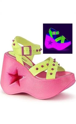 Demonia DYNAMITE-02 Neon Yellow & Pink Glitter Wedge Heels Shoes