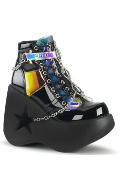 Demonia Shoes DYNAMITE-101 Black Holographic Ankle Boots