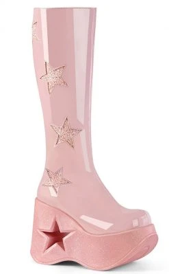 Demonia DYNAMITE-218 Baby Pink Patent/Glitter Knee Boots