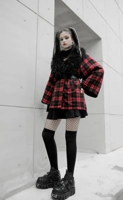 Punk Rave Deville Plaid Faux Fur Coat