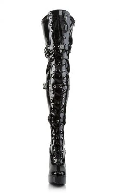 Pleaser Sale ELECTRA-3028 Black Shiny Buckled Thigh High Boots (Last Pair: Size 11)