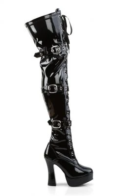 Pleaser Sale ELECTRA-3028 Black Shiny Buckled Thigh High Boots (Last Pair: Size 11)
