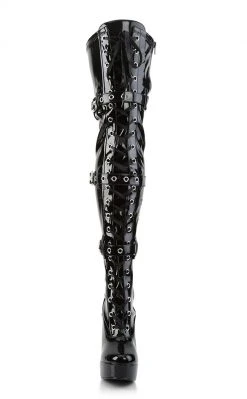 Pleaser ELECTRA-3028 Black Shiny Buckled Thigh High Boots Pole Shoes