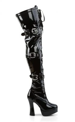Pleaser ELECTRA-3028 Black Shiny Buckled Thigh High Boots Pole Shoes