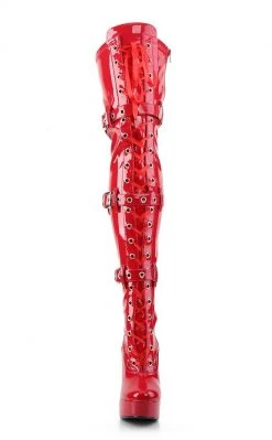 Pleaser ELECTRA-3028 Red Buckled Thigh High Boots