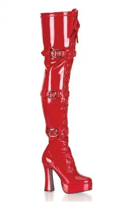 Pleaser ELECTRA-3028 Red Buckled Thigh High Boots