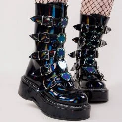 Demonia EMILY-330 Black Holographic Boots Shoes