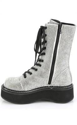 Demonia EMILY-362 Silver Rhinestone Combat Boots Shoes