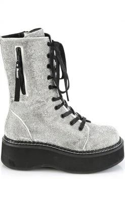 Demonia EMILY-362 Silver Rhinestone Combat Boots Shoes