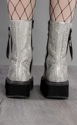 Demonia EMILY-362 Silver Rhinestone Combat Boots Shoes