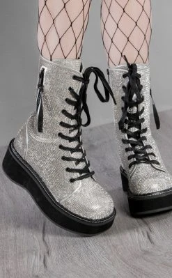 Demonia EMILY-362 Silver Rhinestone Combat Boots Shoes