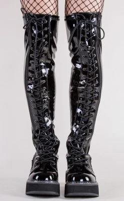 Demonia EMILY-375 Black Patent Thigh High Boots (AU Stock) Shoes