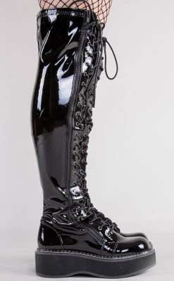 Demonia EMILY-375 Black Patent Thigh High Boots Shoes