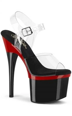 Pleaser Pole Shoes ESTEEM-708 Clear/Black & Red Peeptoe Heels
