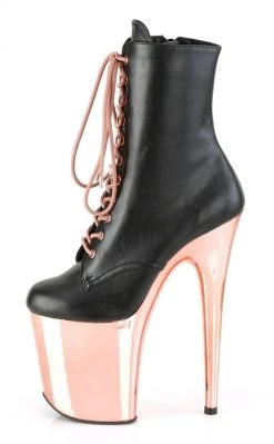 Pleaser FLAMINGO-1020 Black Faux Leather/Rose Gold Chrome Boots