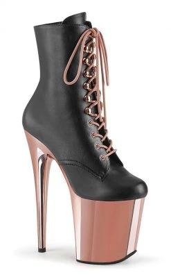 Pleaser FLAMINGO-1020 Black Faux Leather/Rose Gold Chrome Boots