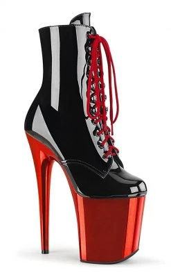 Pleaser FLAMINGO-1020 Black Patent & Red Chrome Boots
