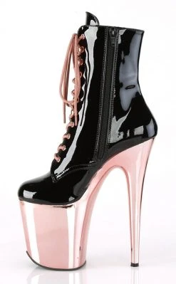 Pleaser Pole Shoes FLAMINGO-1020 Black Patent & Rose Gold Boots