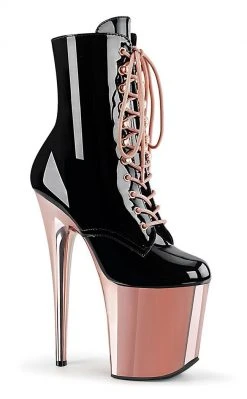 Pleaser Pole Shoes FLAMINGO-1020 Black Patent & Rose Gold Boots