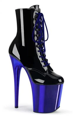 Pleaser FLAMINGO-1020 Black Patent Royal Blue Chrome Boots Pole Shoes