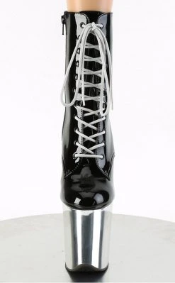 Pleaser Pole Shoes FLAMINGO-1020 Black Patent Silver Chrome Boots 8 Pleaser Pole Shoes FLAMINGO-1020 Black Patent Silver Chrome Boots