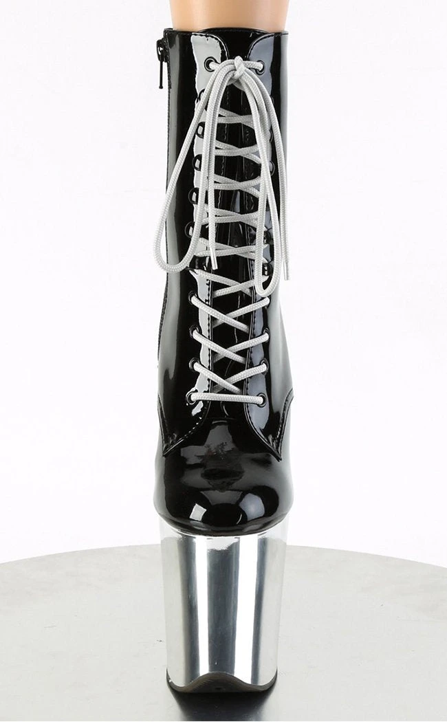 Pleaser Pole Shoes FLAMINGO-1020 Black Patent Silver Chrome Boots 4 Pleaser Pole Shoes FLAMINGO-1020 Black Patent Silver Chrome Boots