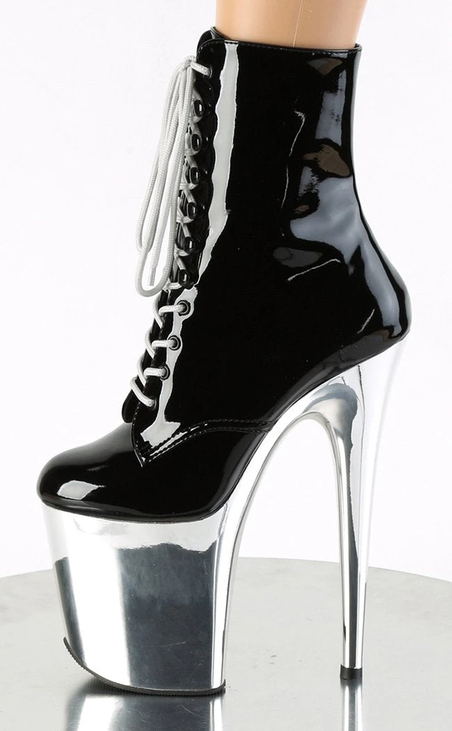 Pleaser Pole Shoes FLAMINGO-1020 Black Patent Silver Chrome Boots 5 Pleaser Pole Shoes FLAMINGO-1020 Black Patent Silver Chrome Boots