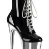 Pleaser Pole Shoes FLAMINGO-1020 Black Patent Silver Chrome Boots