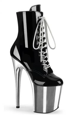 Pleaser Pole Shoes FLAMINGO-1020 Black Patent Silver Chrome Boots