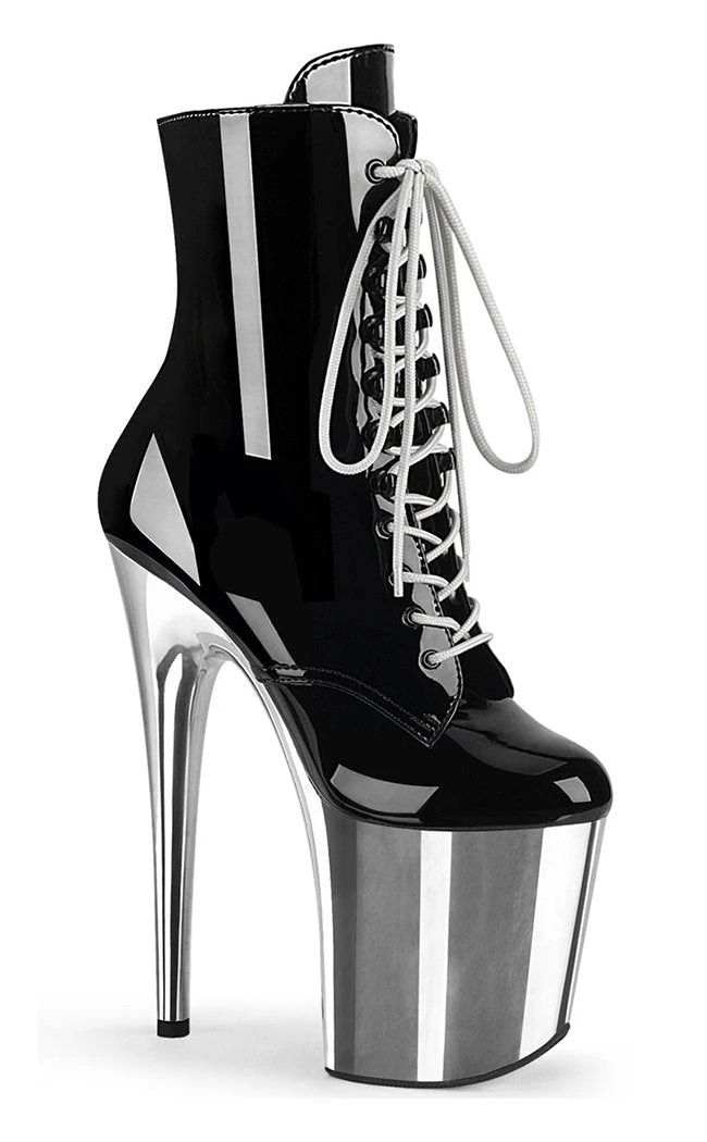 Pleaser Pole Shoes FLAMINGO-1020 Black Patent Silver Chrome Boots 3 Pleaser Pole Shoes FLAMINGO-1020 Black Patent Silver Chrome Boots