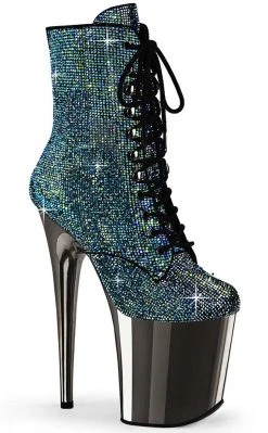 Pleaser FLAMINGO-1020CHRS Turquoise Rhinestone/Pewter Chrome Boots