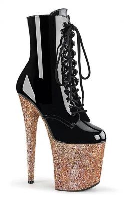 Pleaser FLAMINGO-1020LG Black Rose Gold Glitter Boots Pole Shoes