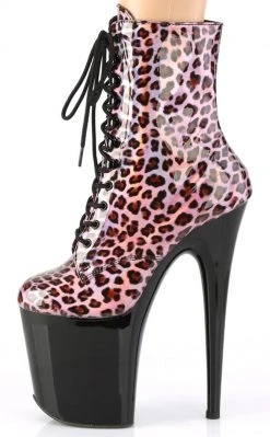 Pleaser FLAMINGO-1020LP Pink Holo Leopard Print/ Black Patent Ankle Boots