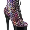 Pleaser FLAMINGO-1020LP Pink Holo Leopard Print/ Black Patent Ankle Boots